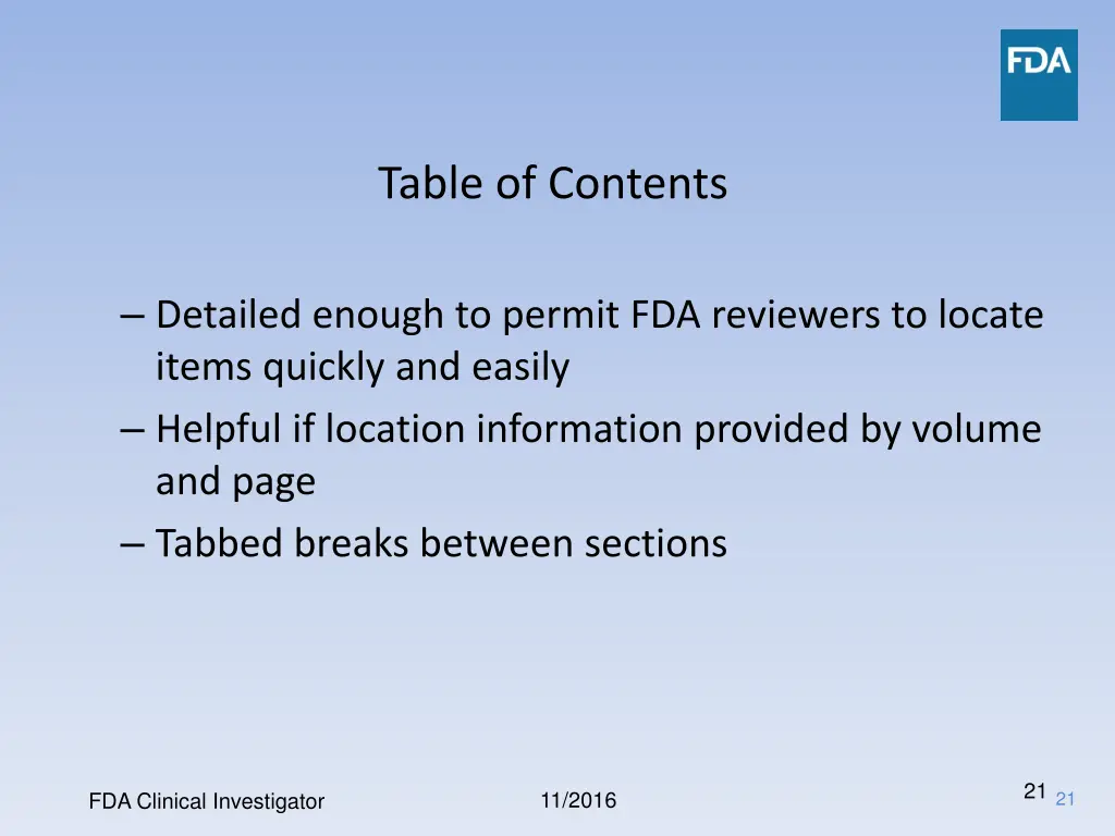 table of contents