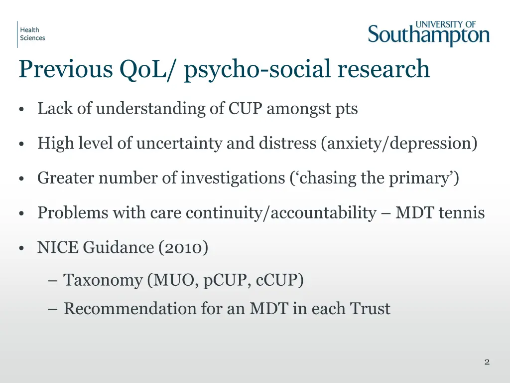 previous qol psycho social research