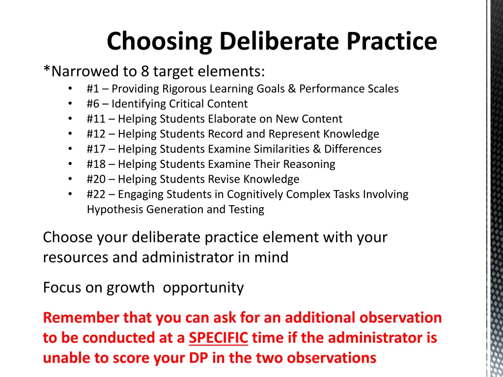 choosing deliberate practice narrowed to 8 target