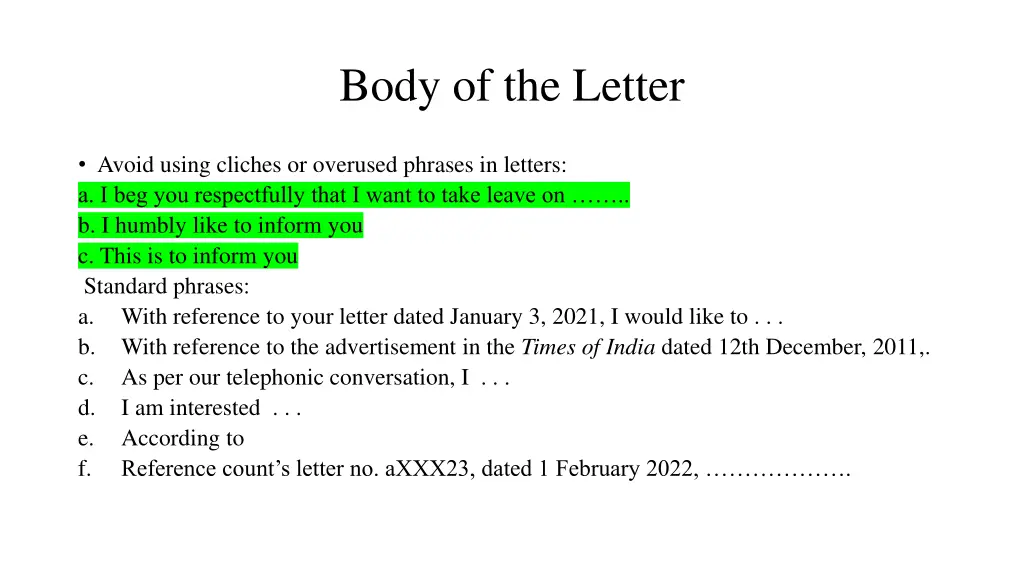 body of the letter