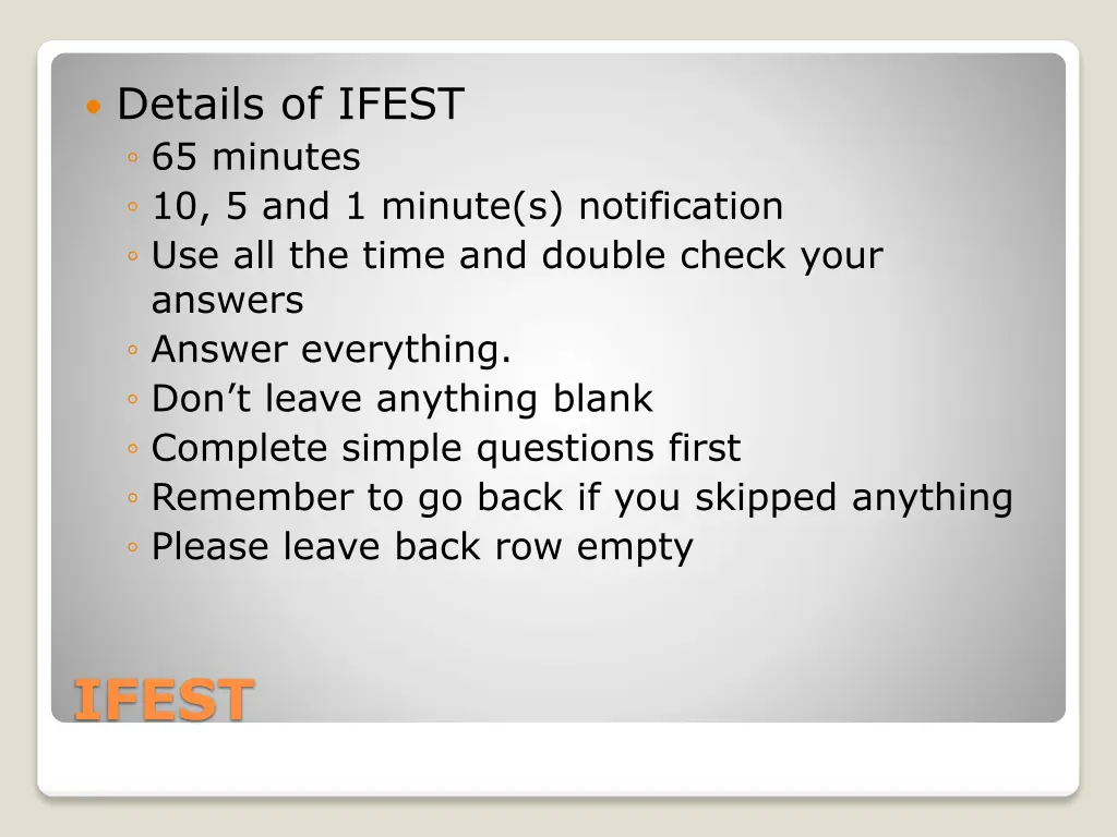 details of ifest 65 minutes 10 5 and 1 minute