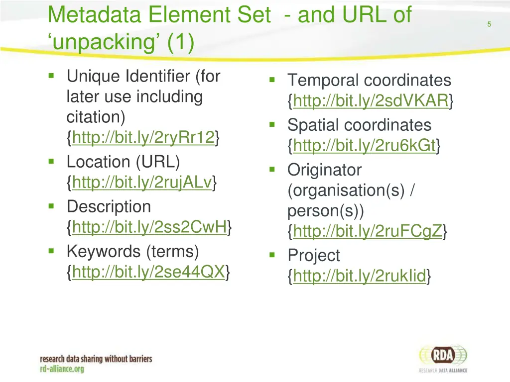metadata element set and url of unpacking 1