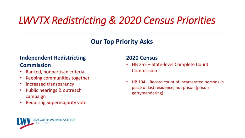 lwvtx redistricting 2020 census priorities lwvtx