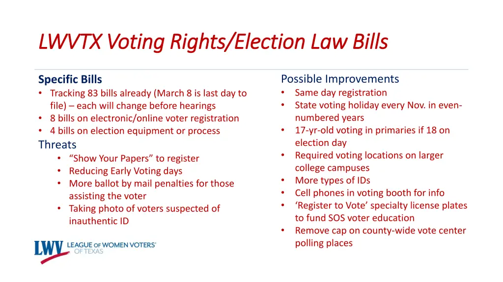 lwvtx voting rights election law bills lwvtx