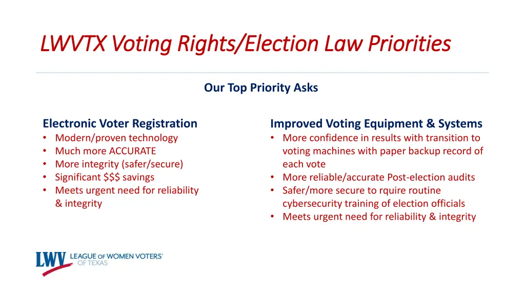 lwvtx voting rights election law priorities lwvtx