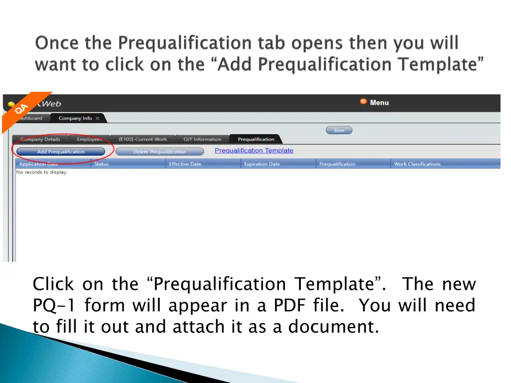 click on the prequalification template
