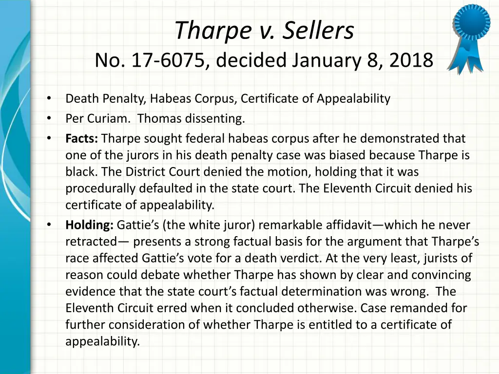 tharpe v sellers no 17 6075 decided january 8 2018