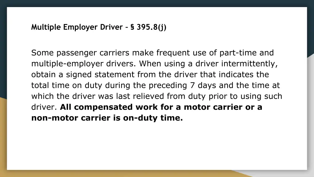 multiple employer driver 395 8 j