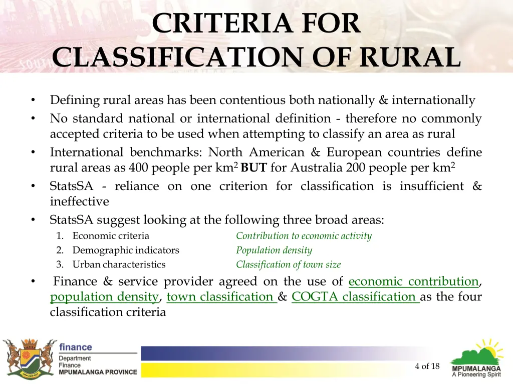 criteria for classification of rural