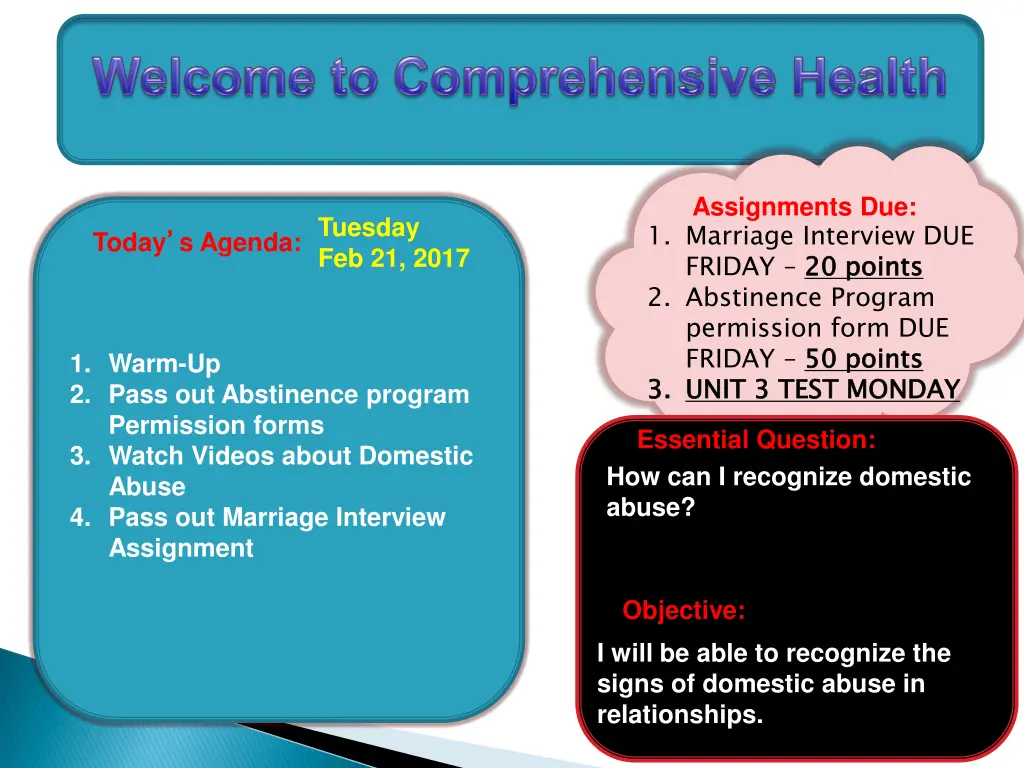 assignments due 1 marriage interview due friday