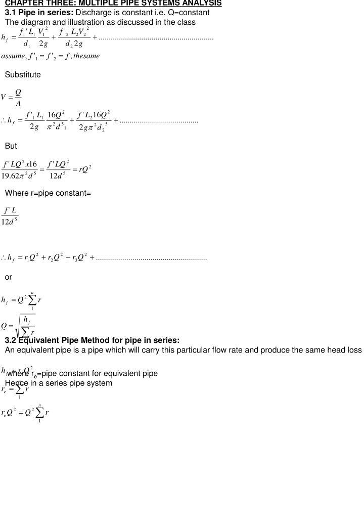 chapter three multiple pipe systems analysis