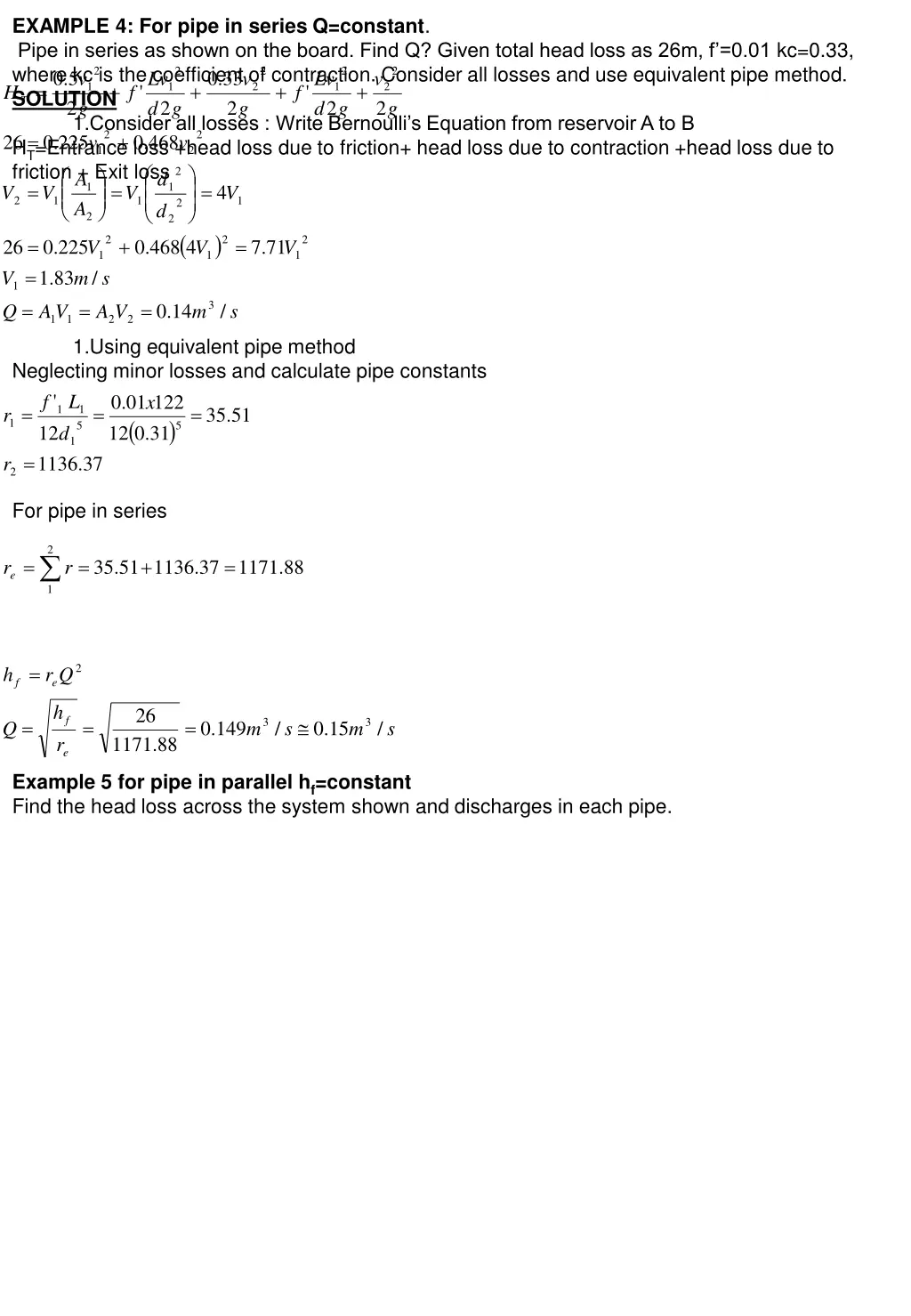 example 4 for pipe in series q constant pipe