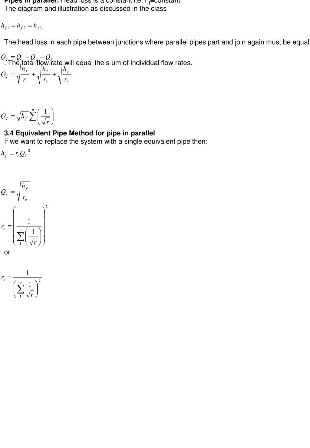 pipes in parallel head loss is a constant