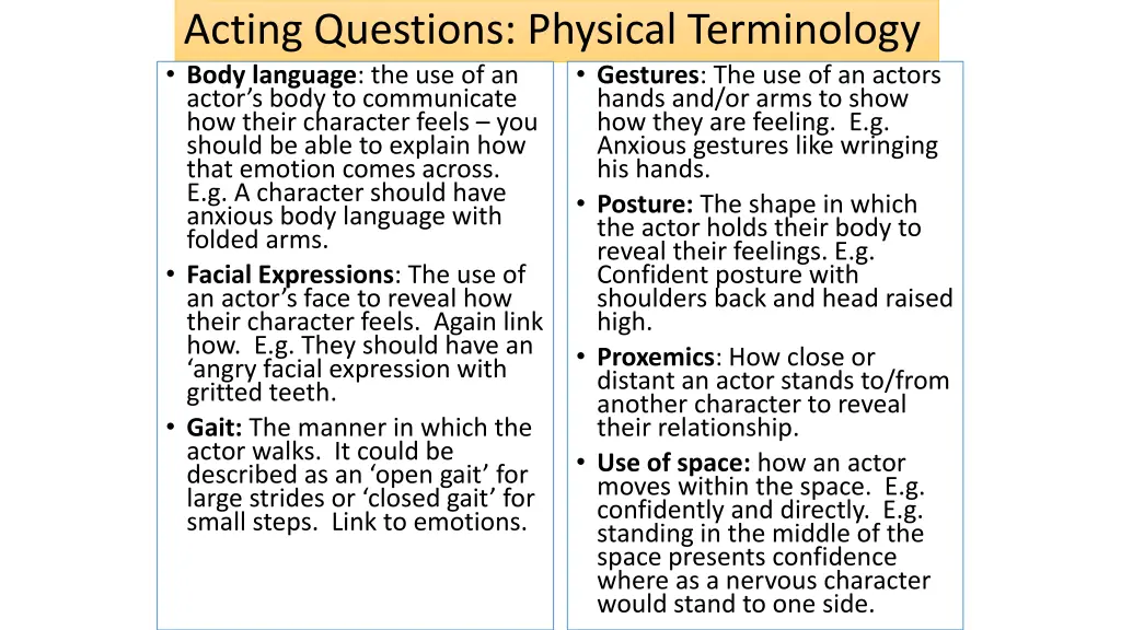 acting questions physical terminology body