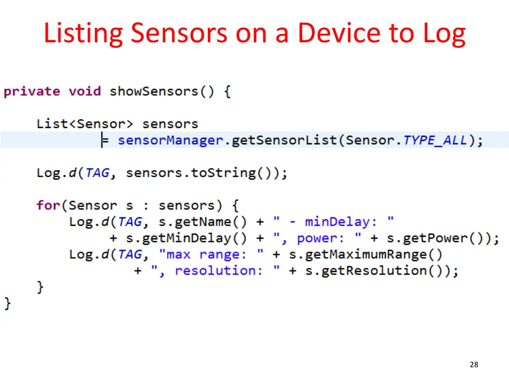 listing sensors on a device to log
