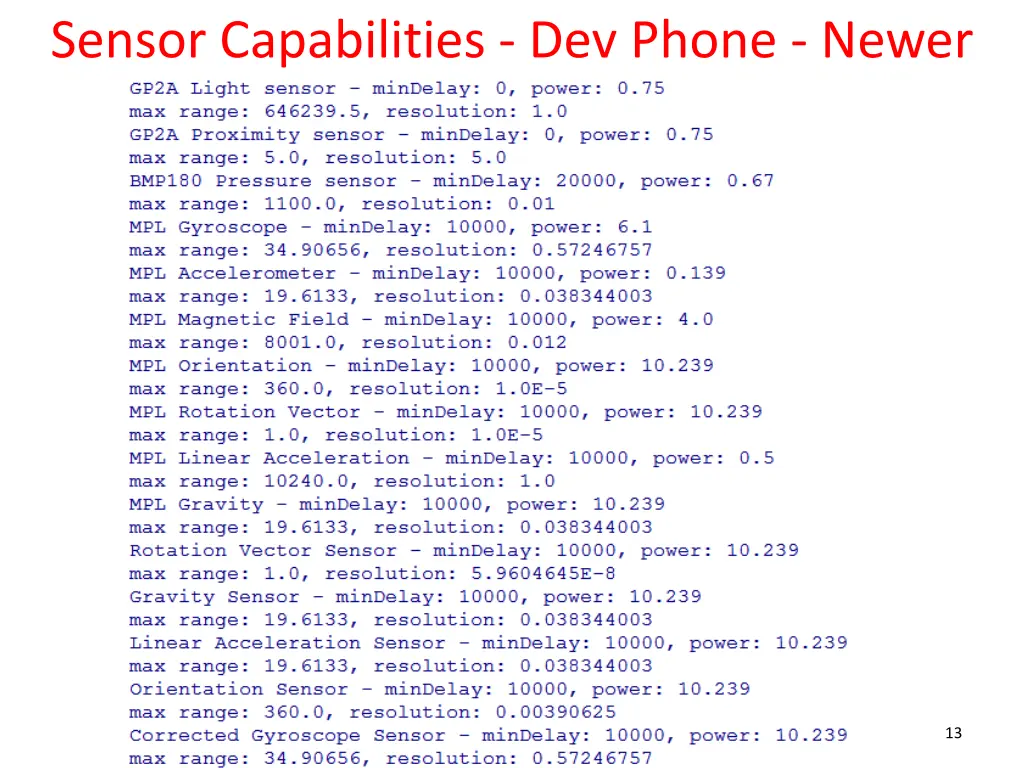 sensor capabilities dev phone newer