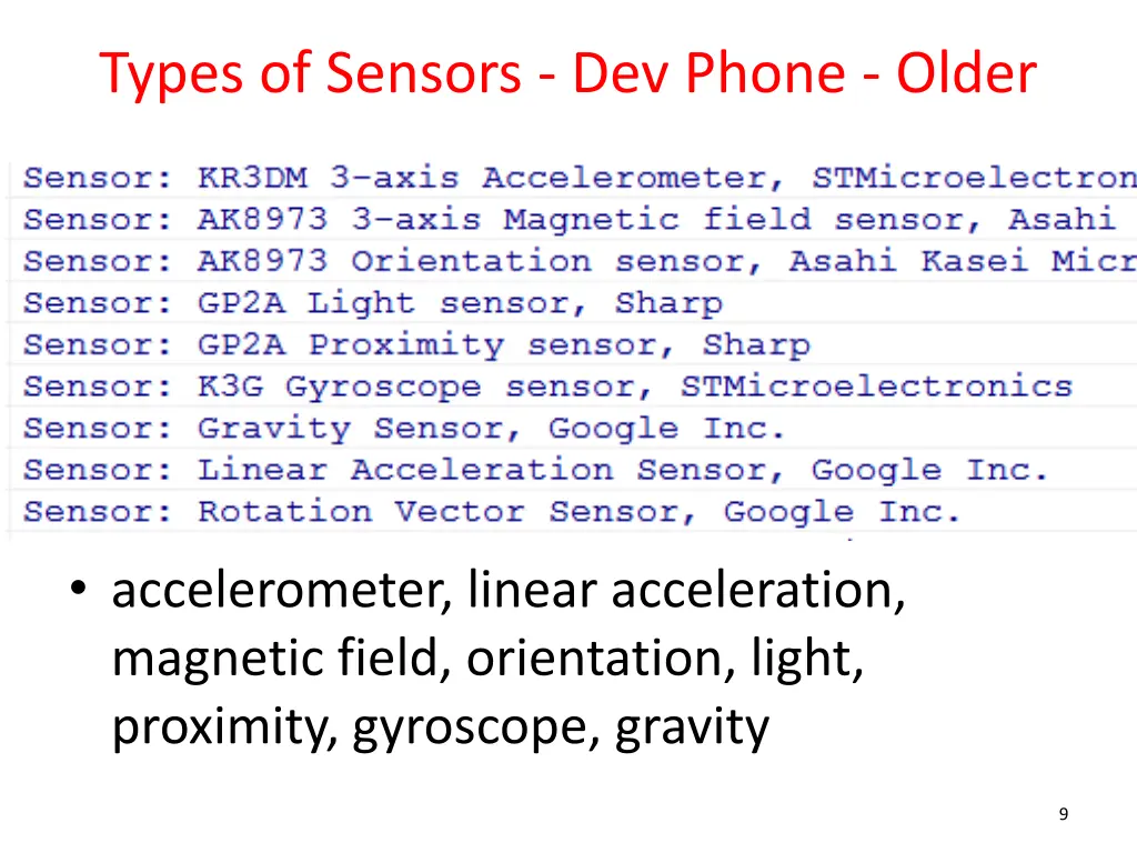 types of sensors dev phone older