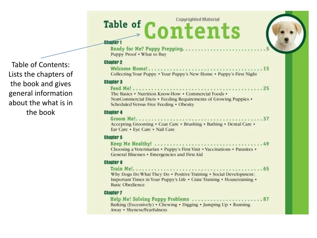 table of contents lists the chapters of the book