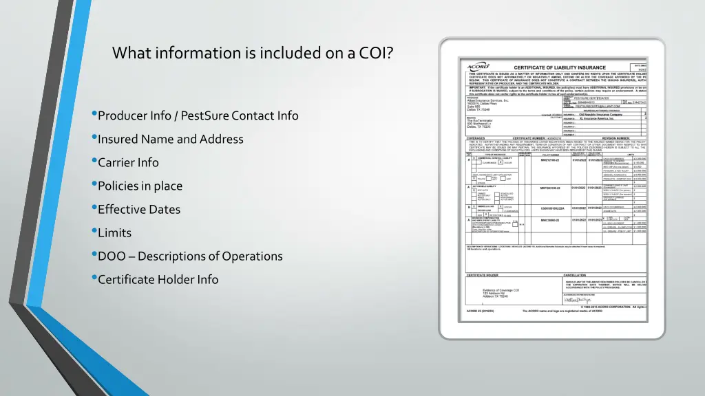 what information is included on a coi