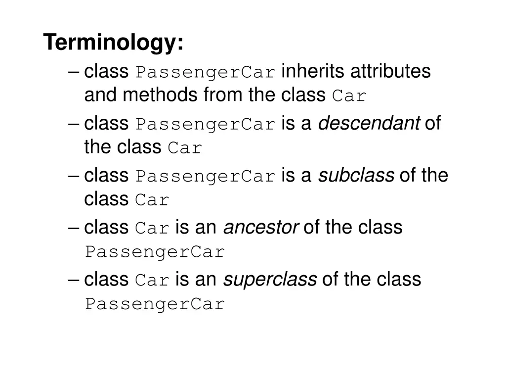 terminology class passengercar inherits