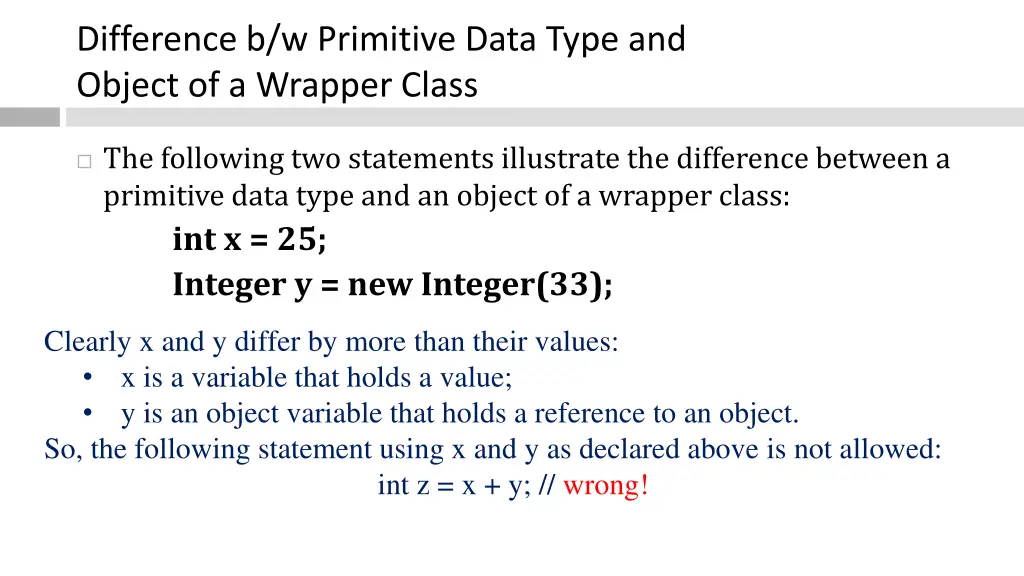 difference b w primitive data type and object