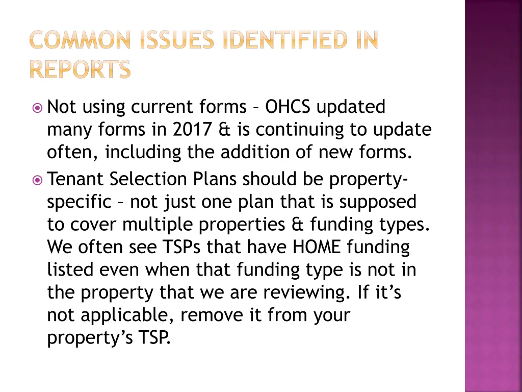 common issues identified in reports
