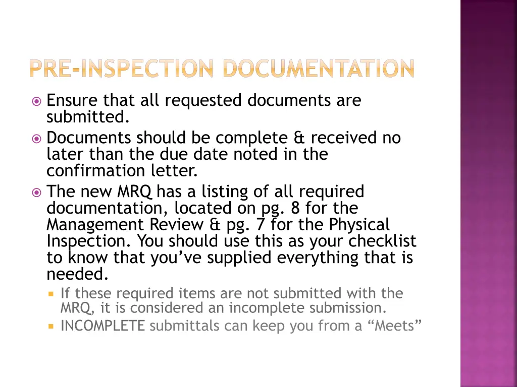 pre inspection documentation