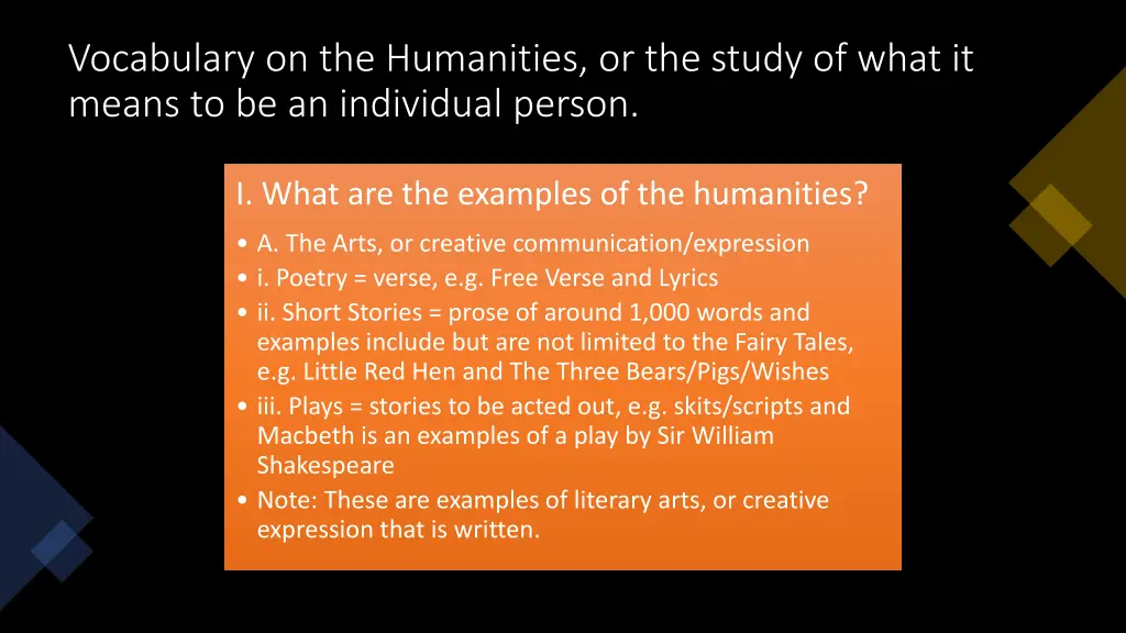 vocabulary on the humanities or the study of what