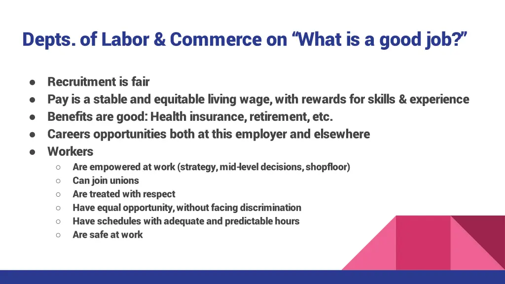 depts of labor commerce on what is a good job