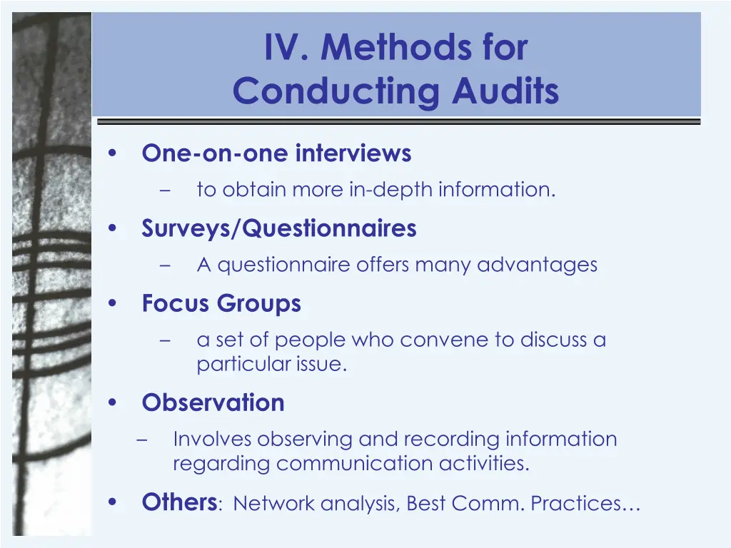 iv methods for conducting audits