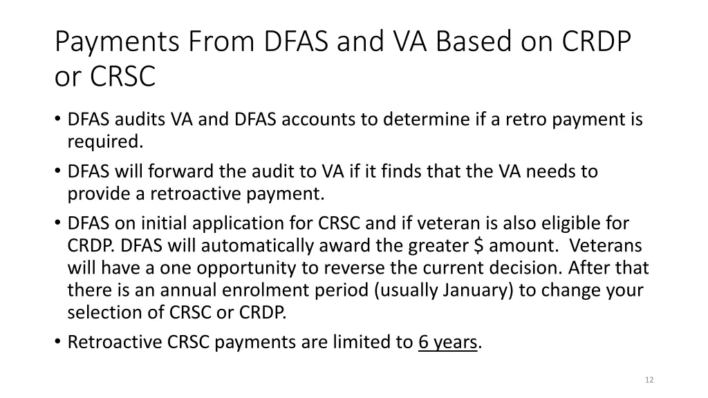 payments from dfas and va based on crdp or crsc