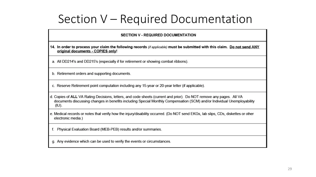 section v required documentation