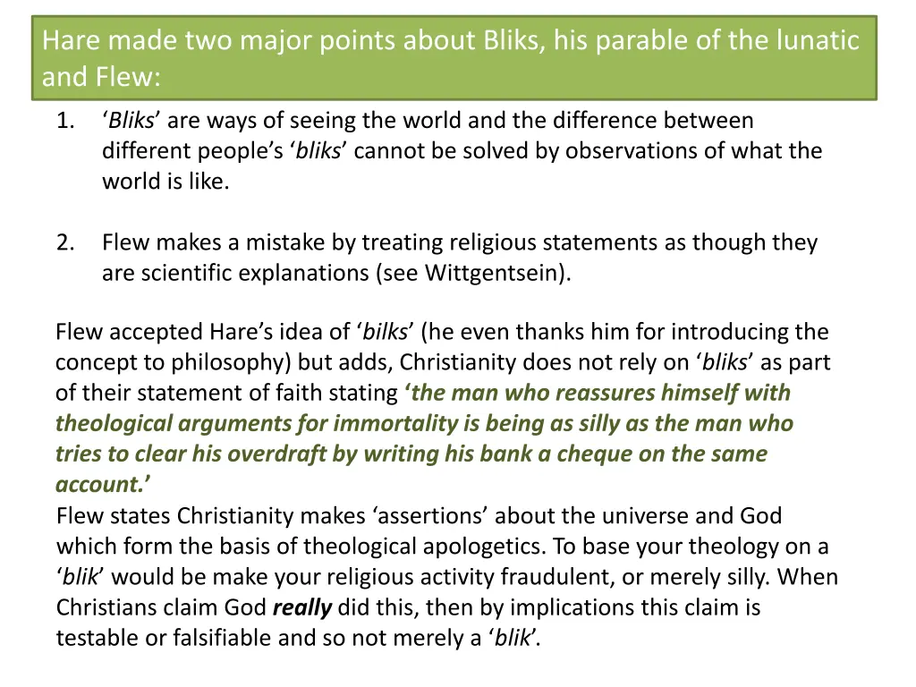 hare made two major points about bliks