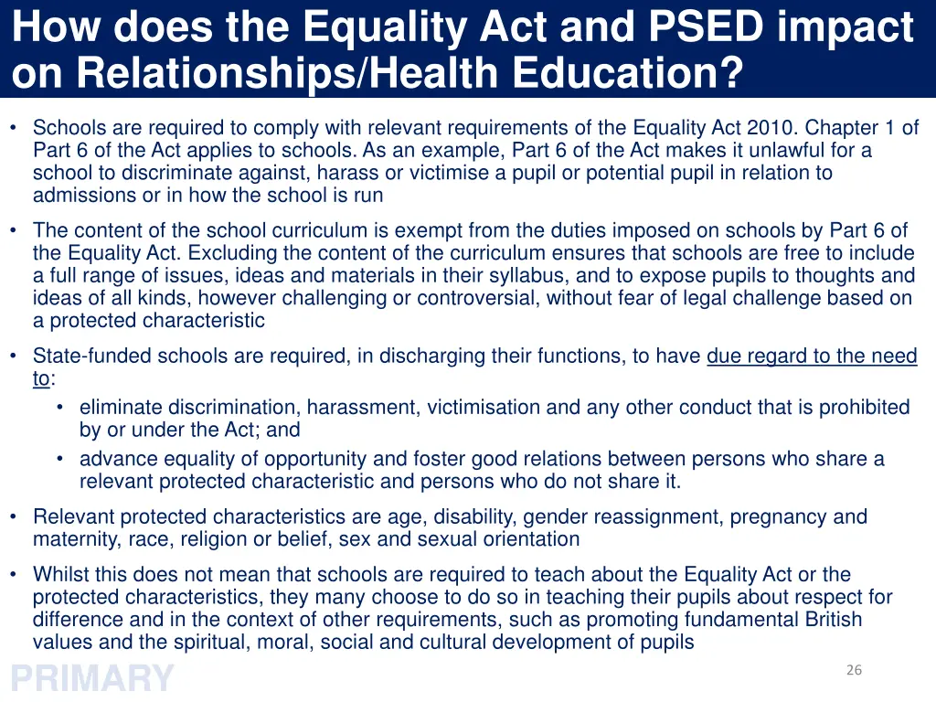 how does the equality act and psed impact