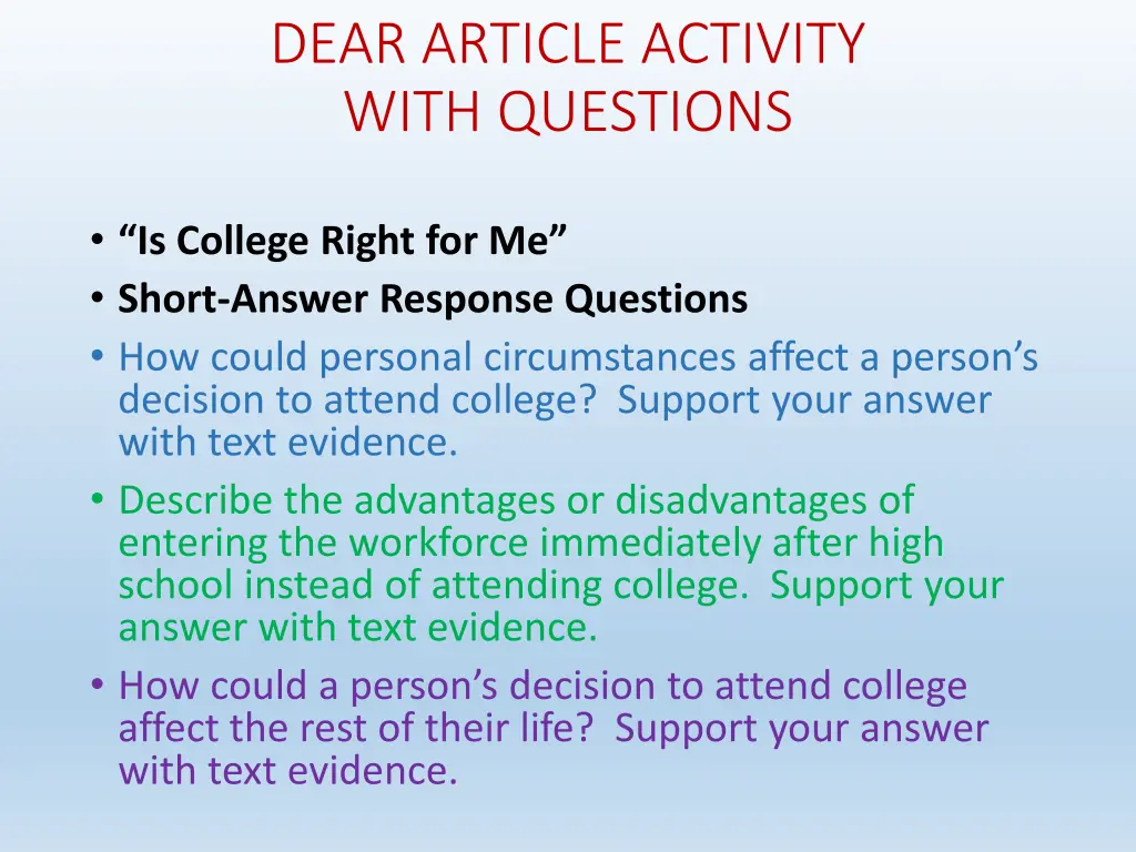 dear article activity with questions