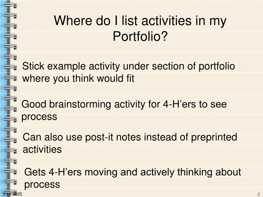where do i list activities in my portfolio
