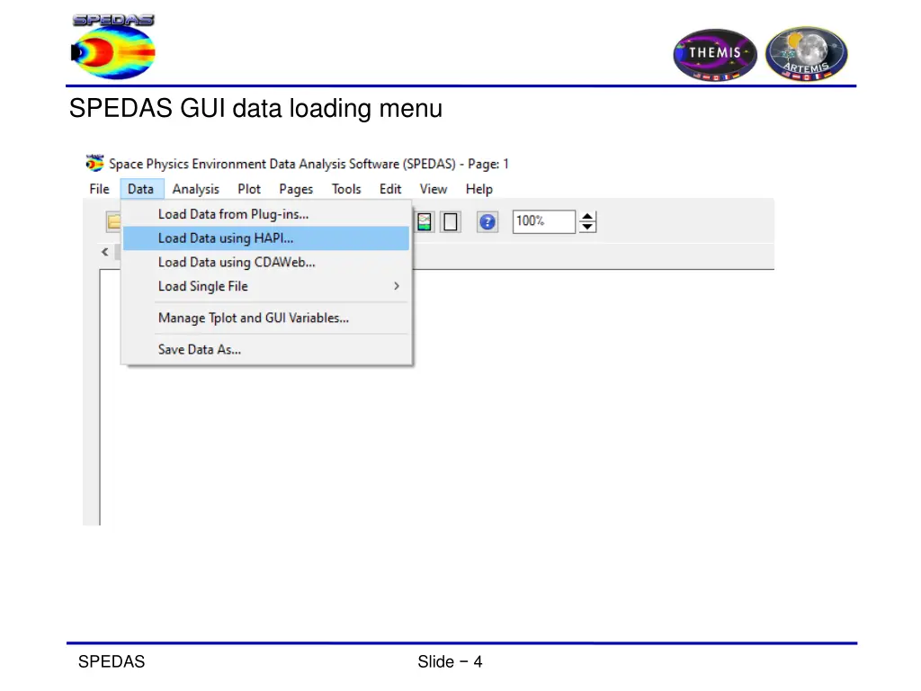 spedas gui data loading menu