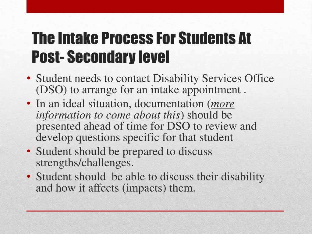 the intake process for students at post secondary