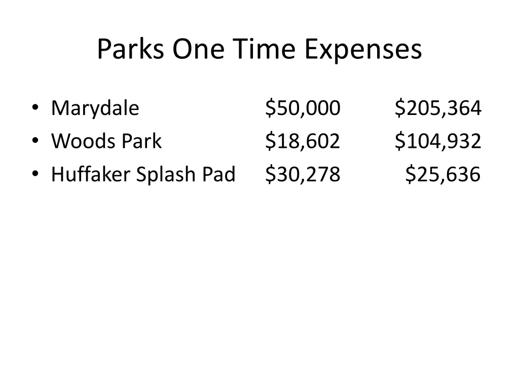 parks one time expenses 2