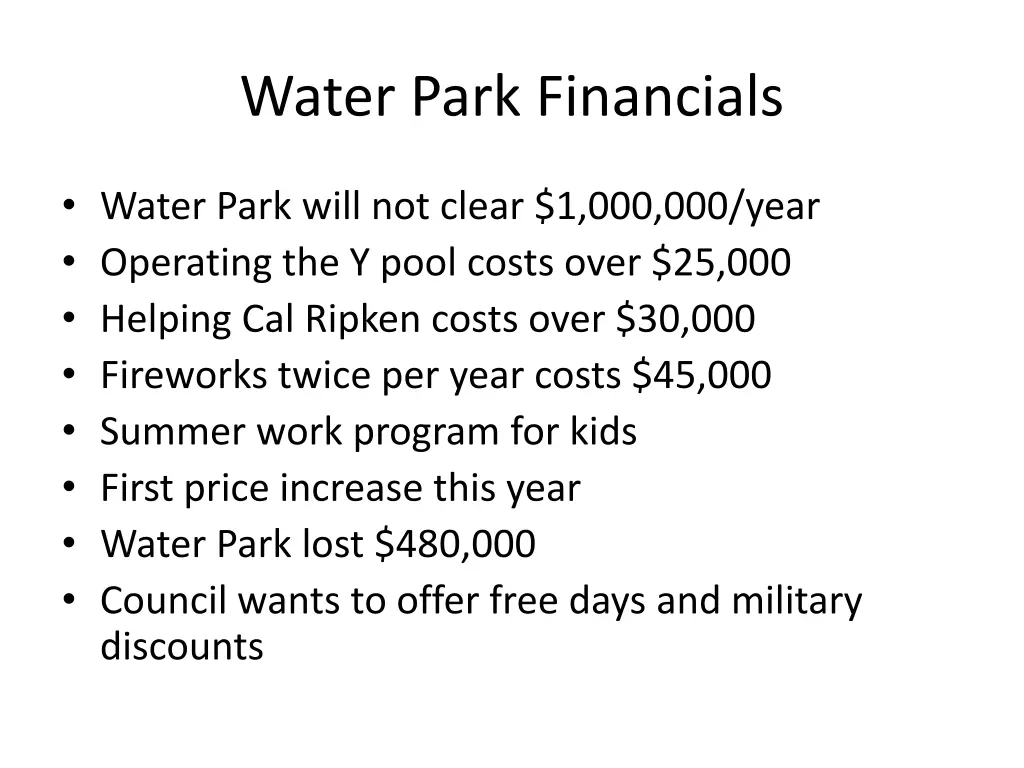 water park financials