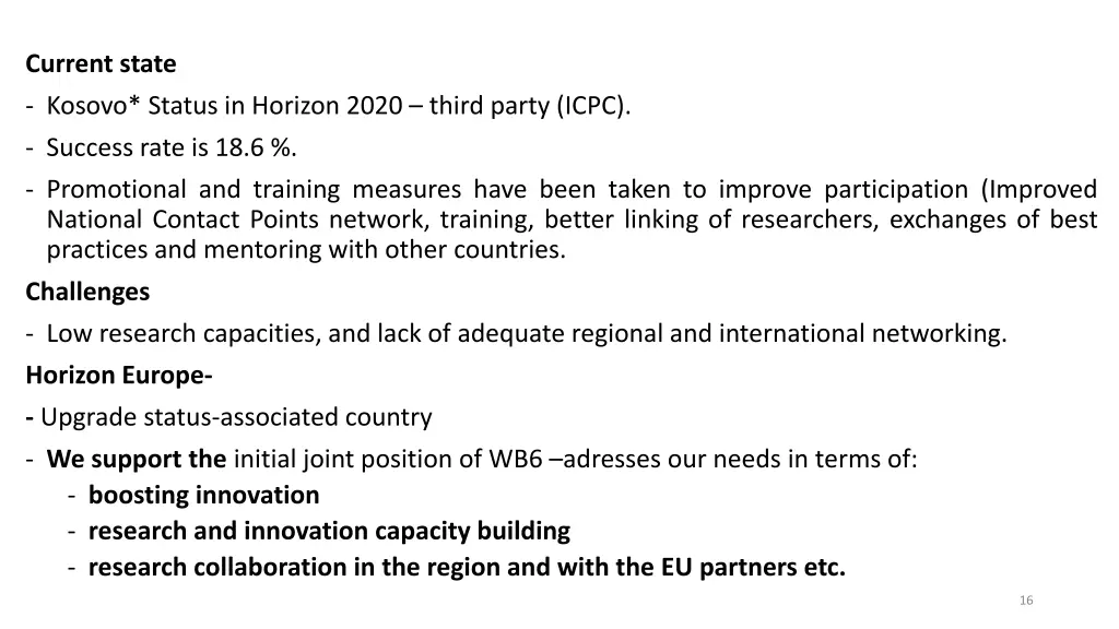 current state kosovo status in horizon 2020 third