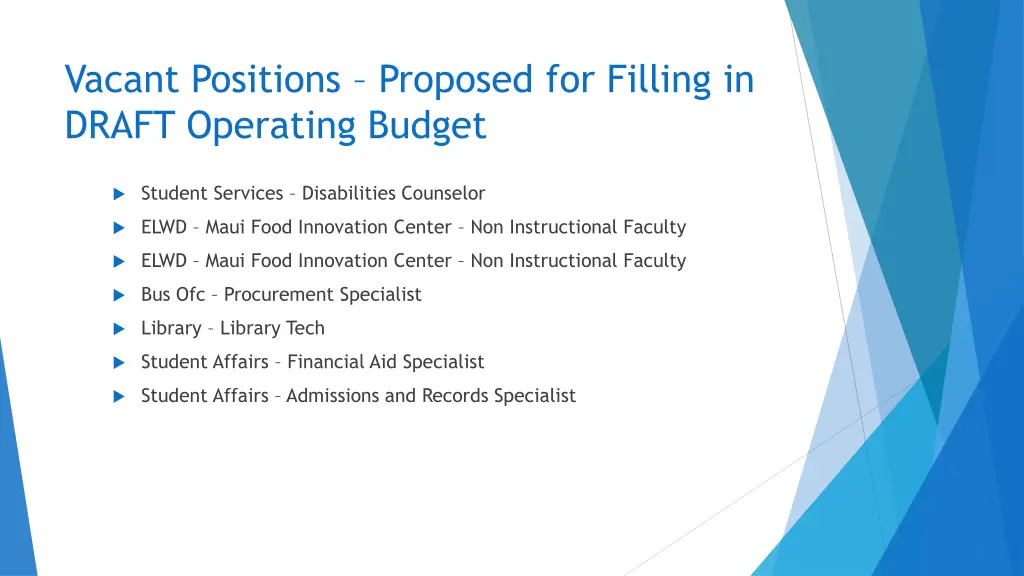 vacant positions proposed for filling in draft 1