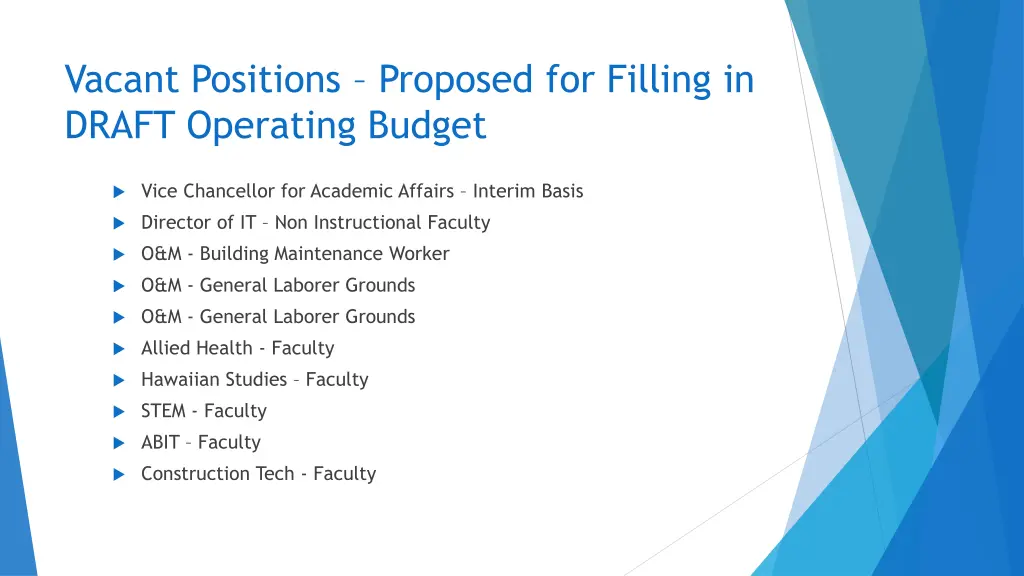vacant positions proposed for filling in draft