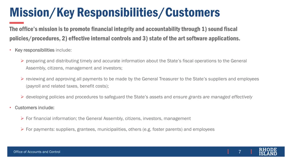 mission key responsibilities customers