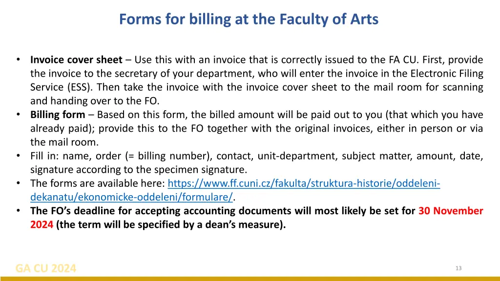 forms for billing at the faculty of arts