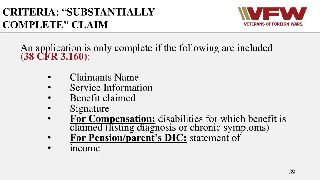 criteria substantially complete claim