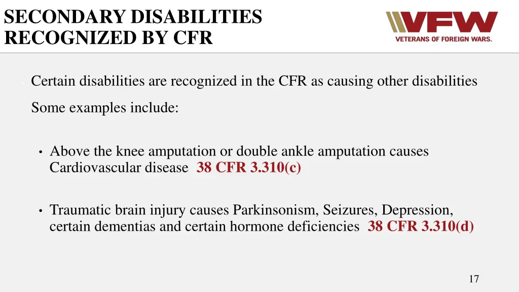 secondary disabilities recognized by cfr