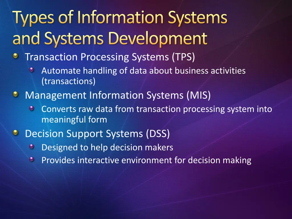 types of information systems and systems