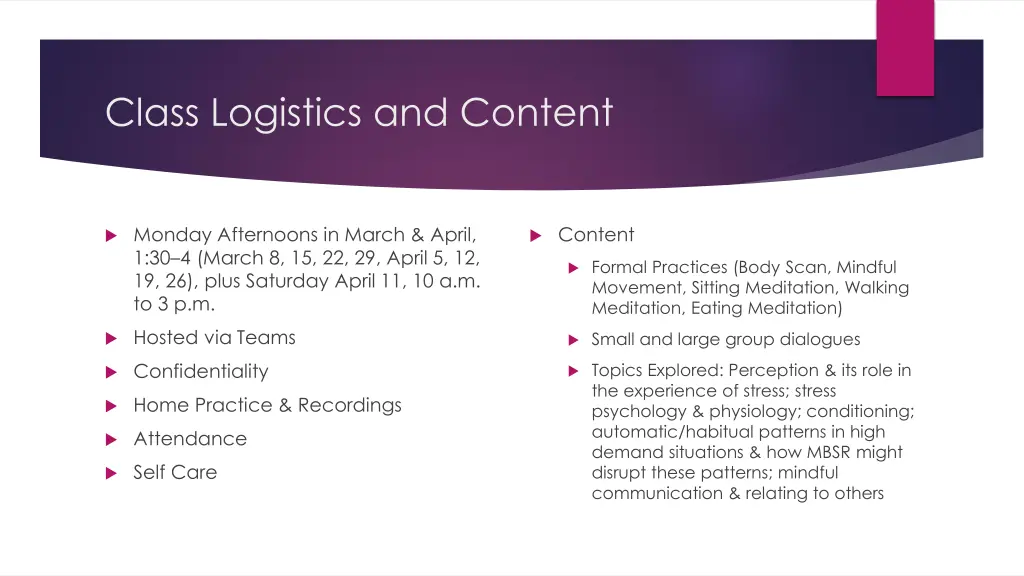 class logistics and content