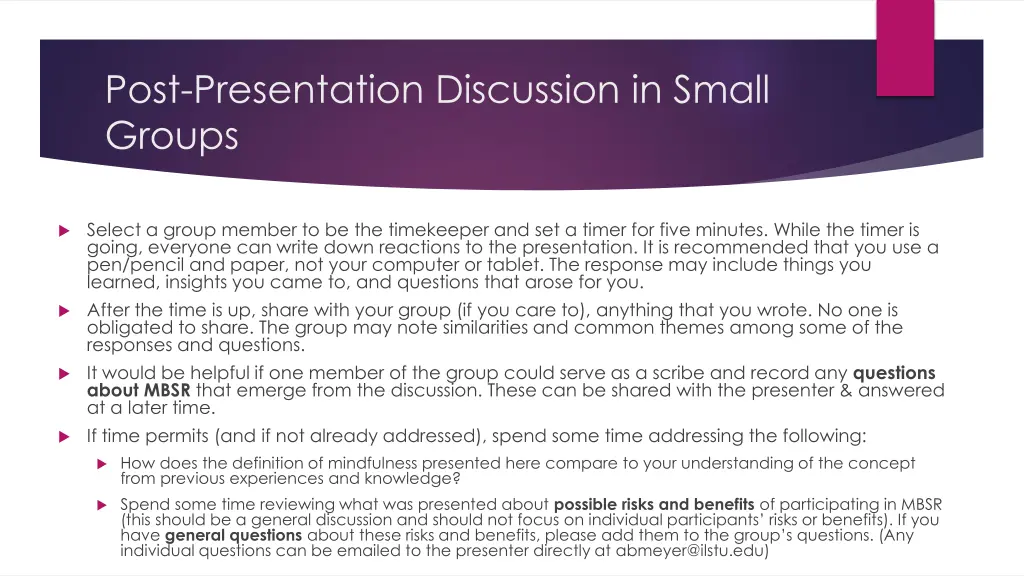 post presentation discussion in small groups